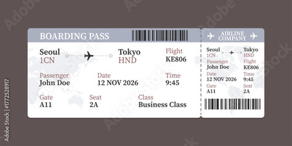 Fototapeta Realistic illustration of airplane ticket boarding pass with passenger name and destination. Concept of travel, journey or business trip.