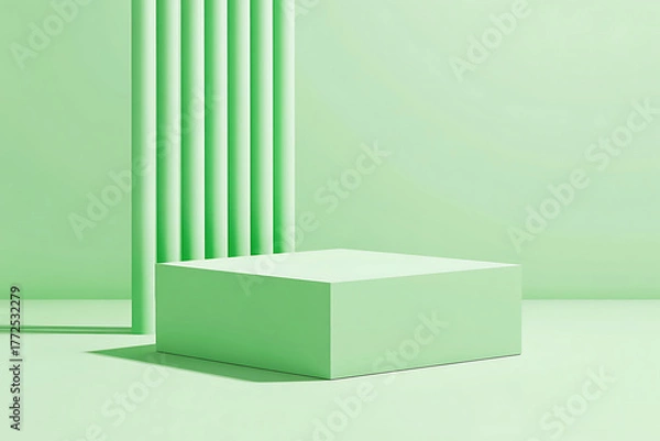 Fototapeta Minimalist Green Studio Scene with Geometric Pedestal and Vertical Ribbed Wall