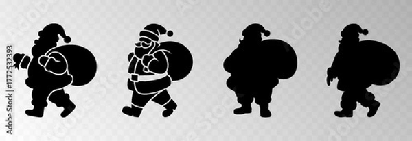 Fototapeta Santa Claus png with a big gift sack walking in snowy forest surrounded by Christmas trees, isolated on transparent background, space for holiday sale text, luxury New Year card vector