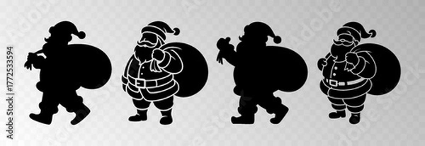 Fototapeta Santa Claus png with a big gift sack walking in snowy forest surrounded by Christmas trees, isolated on transparent background, space for holiday sale text, luxury New Year card vector