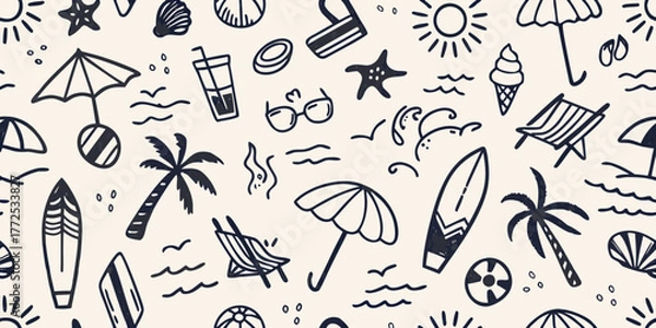 Fototapeta Hand drawn summer beach vacation icons seamless pattern with surfboards umbrellas palm trees and sun