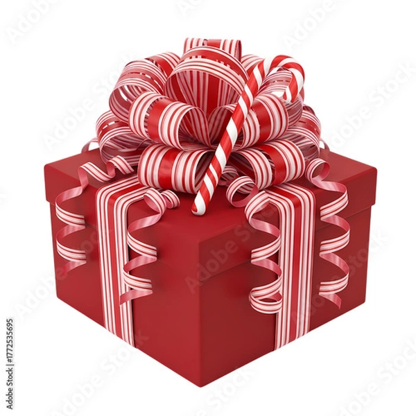 Fototapeta Festive red gift box with candy cane ribbon bow