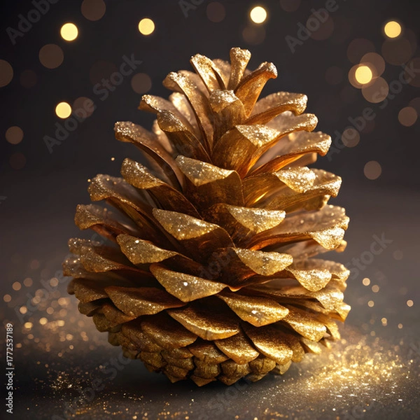 Obraz A close up of a golden pine cone with blurred lights in the background on a dark surface
