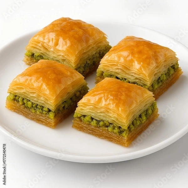 Fototapeta Pistachio baklava squares with syrup glaze served on white plate