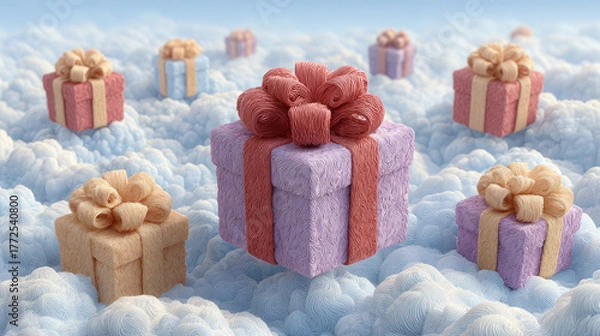 Fototapeta Soft textured gift boxes with ribbons floating on clouds