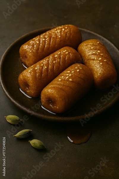 Fototapeta Indian sweet dessert with syrup and cardamom on dark background