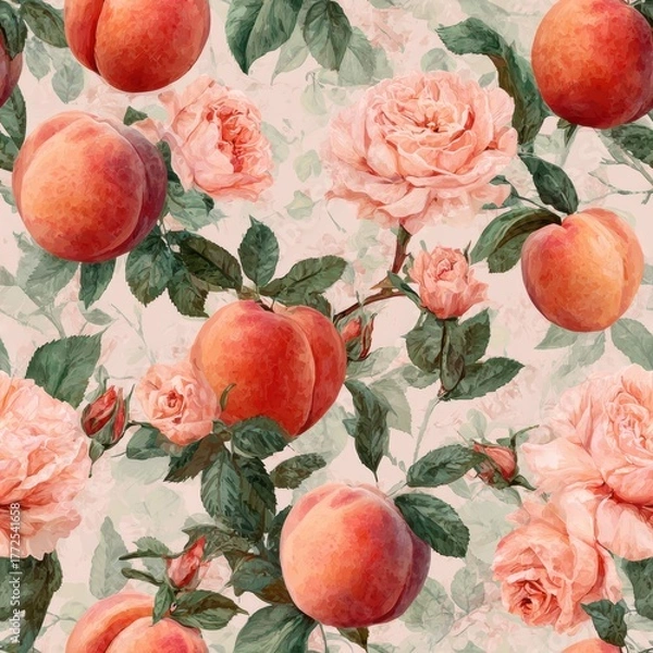 Fototapeta Peach Fruit In Springtime Watercolor Seamless pattern. Floral pattern featuring peaches and roses in soft pastel colors.