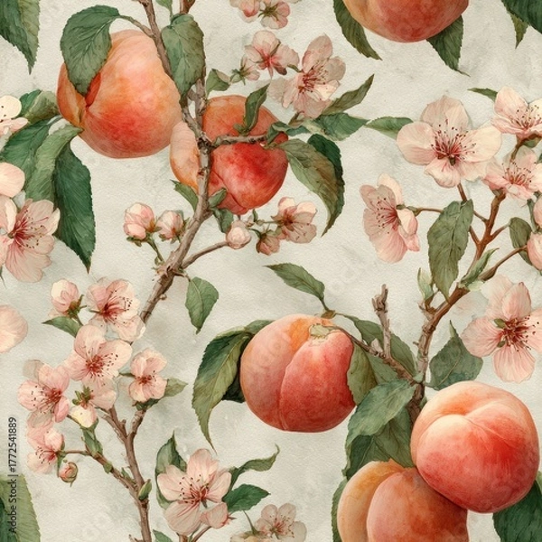 Fototapeta Peach Fruit In Springtime Watercolor Seamless pattern. Floral pattern featuring peaches and blossoms on textured background.