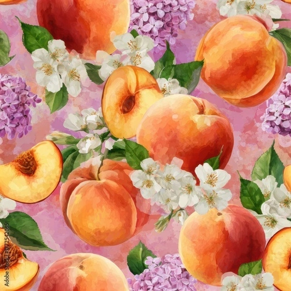 Fototapeta Peach Fruit In Springtime Watercolor Seamless pattern. Vibrant pattern featuring peaches and flowers on a pastel background.