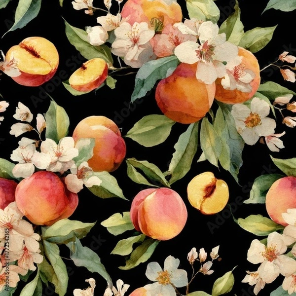 Fototapeta Peach Fruit In Springtime Watercolor Seamless pattern. Vibrant floral pattern featuring peaches and blossoms on a dark background.
