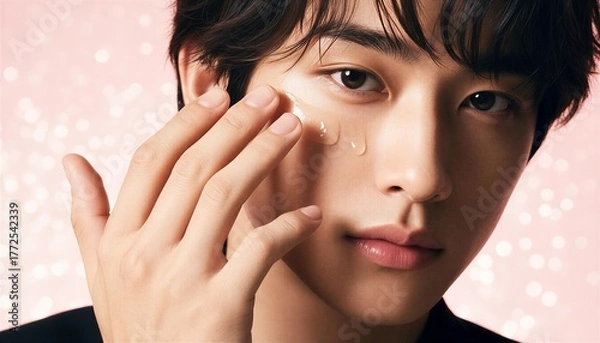 Fototapeta 頬に美容液を塗る若い男性のクローズアップ