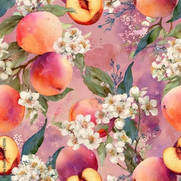 Fototapeta Peach Fruit In Springtime Watercolor Seamless pattern. Vibrant floral pattern featuring peaches and blossoms on a soft pink background.