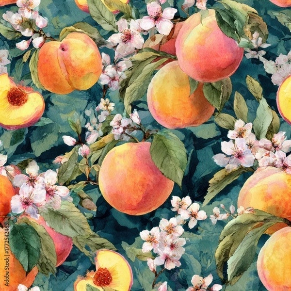 Fototapeta Peach Fruit In Springtime Watercolor Seamless pattern. Vibrant peach pattern with flowers, showcasing nature's beauty in a decorative design.