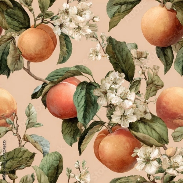 Fototapeta Peach Fruit In Springtime Watercolor Seamless pattern. Vibrant illustration of peach fruits and flowers on a soft background.