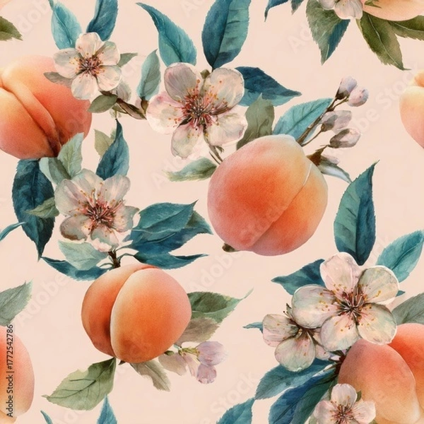 Fototapeta Peach Fruit In Springtime Watercolor Seamless pattern. Vibrant floral design featuring peaches and blossoms on a soft background.