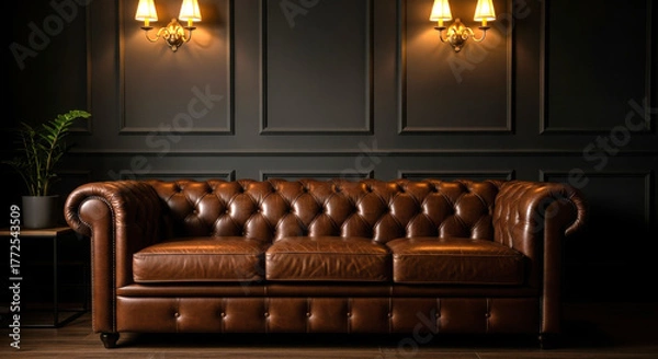 Fototapeta Luxurious brown leather chesterfield sofa in a dimly lit room