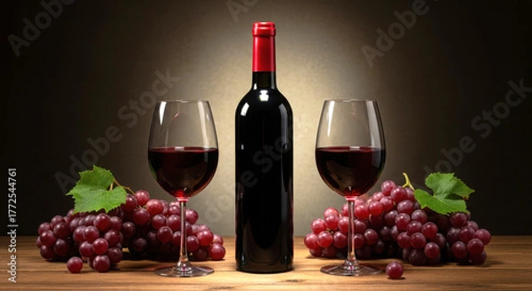 Fototapeta Elegant red wine bottle and two glasses with grapes on wooden table