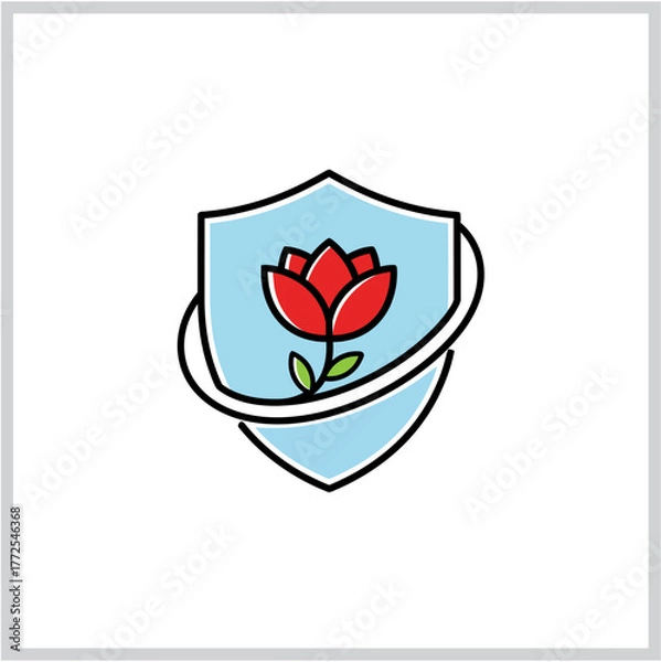 Obraz Creative shield logo with a beautiful red rose flower inside. A minimalist emblem symbolizing protection, nature, security, and organic beauty. Modern line art icon for wellness and eco concepts