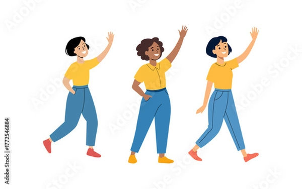 Obraz Three Diverse Women Waving Hello While Walking Together on White Background