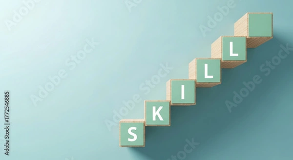 Fototapeta Wooden blocks spelling out skills in a staircase formation