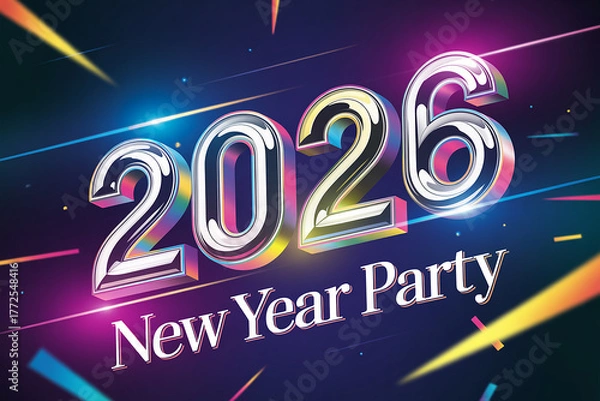 Fototapeta Sparkling 2026 New Year Party announcement with vibrant confetti and dynamic light streaks creates an electrifying festive atmosphere for celebrations