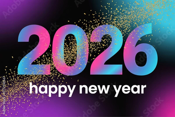 Fototapeta Celebrate the vibrant arrival of 2026 with dazzling gold confetti showering down, announcing a fresh start and exciting future in a modern, dynamic design