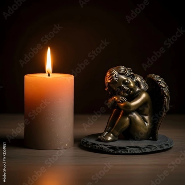 Obraz Warm glow of a lit candle illuminating a peaceful bronze cherub statue, symbolizing remembrance, solace, and spiritual comfort in a serene setting