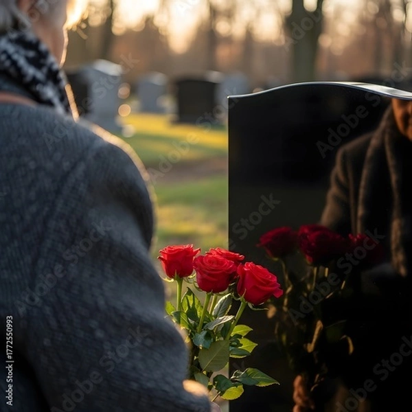 Obraz Grieving individual holding a bouquet of red roses in front of a tombstone during a somber visit to the cemetery