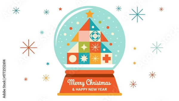 Fototapeta Whimsical mid century modern style snow globe featuring a colorful geometric christmas tree and falling snowflakes