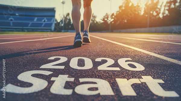 Fototapeta The "Start 2026" sign on running tracks near the feet of an athletic woman against the backdrop of a field and a blue sunny sky
