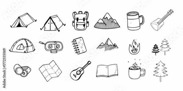 Fototapeta Collection of hand drawn camping and outdoor adventure icons and elements for travel and recreation