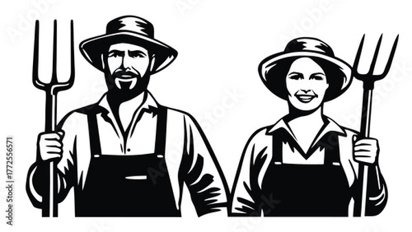 Fototapeta Two cheerful farmers wear hats and overalls while holding pitchforks with confident smiles