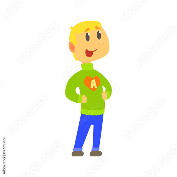 Fototapeta Boy in knitted sweater with letter A in heart