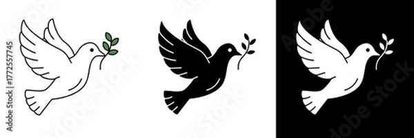 Fototapeta A flying dove holding an olive branch, symbolizing peace, hope, and purity. Presented in white, black, and white-outline styles for religious or harmony-themed designs.