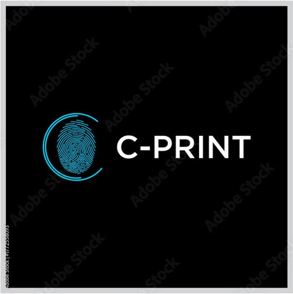 Fototapeta Modern C-Print logo design with a unique blue digital fingerprint graphic, encircled, symbolizing secure identity and innovative printing technology on a clean dark background
