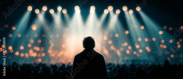 Obraz Silhouetted speaker stands on stage against backdrop of bright stage lights and blurred audience, creating dramatic and inspiring atmosphere