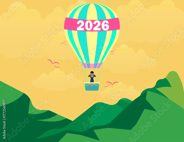 Fototapeta Year 2026 vision, Achievement or plan for success. Businesswoman flying with 2025 balloons with telescope.
