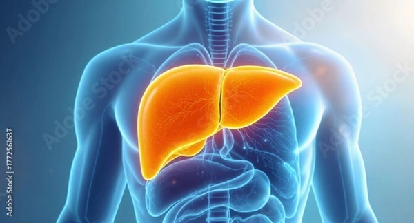 Obraz Glowing Orange Liver in Blue Human Body Silhouette – Ideal for Health Ads, Medical Blog Headers, Liver Awareness Infographics, Anatomy App Interfaces, Diagnostic Imaging Visuals