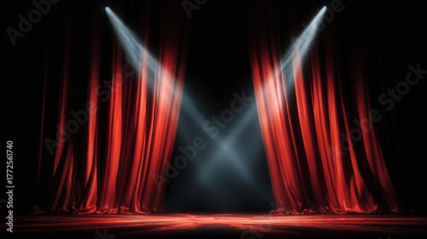 Fototapeta Elegantly draped red curtains frame a darkened stage illuminated by twin spotlights. The velvety texture evokes a sense of anticipation.