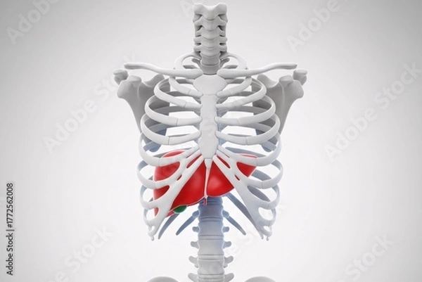 Obraz Highlighted Red Liver in Human Skeleton 3D Render – Ideal for Medical Ads, Anatomy Blog Headers, Health Education Infographics, Liver Disease Awareness Campaigns, Biology Textbook Illustrations
