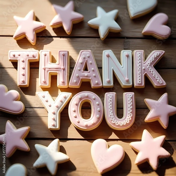 Fototapeta Delicious thank you cookies with star and heart shapes on wooden surface