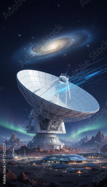 Obraz In a remote location, a massive satellite dish is positioned to receive signals from deep space. A beautiful galaxy shines in the night sky, complemented by colorful auroras