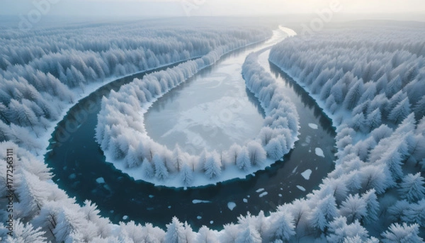Fototapeta Aerial view of a frozen river winding through a snow-covered forest a winter landscape showcasing natural beauty and serene atmosphere perfect for travel and environmental themes
