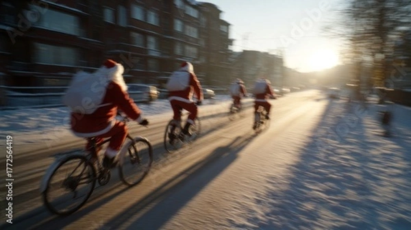 Fototapeta Jolly Santas on bikes ride snowy streets at dawn, evoking Nordic Julfest magic and quirky Yuletide cardio adventures