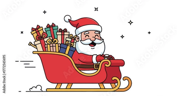 Fototapeta Cheerful Santa Claus in a red sleigh, loaded with gifts, smiling and ready for Christmas.