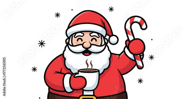 Fototapeta Cheerful cartoon Santa Claus holding a steaming hot drink and a festive candy cane with snowflakes.