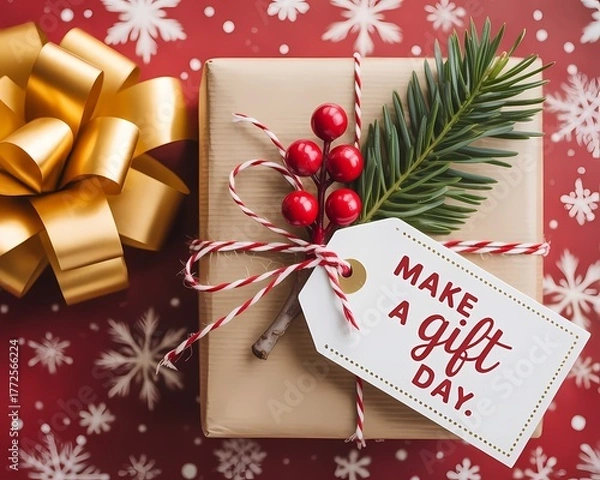 Fototapeta Festive make a gift day present with gold bow and berries on red snowflake background
