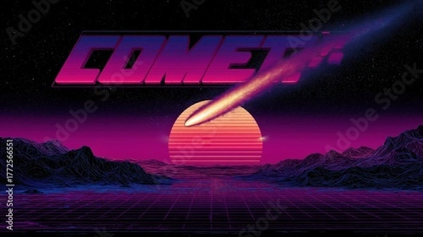 Fototapeta Bold Retro Futurism with vibrant Synthwave landscape, glowing Comet, and grid-style 3D Typography—ideal for posters, NFTs, or music covers.