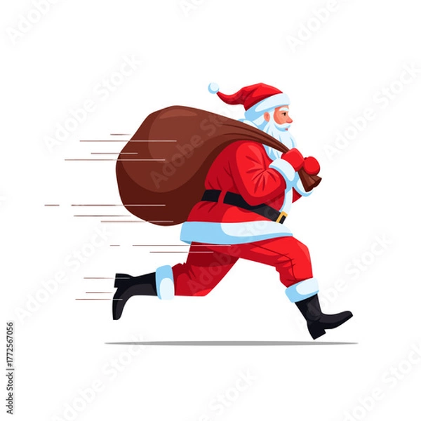Fototapeta Santa Claus Running with Gift Bag — Dynamic Flat Cartoon Vector