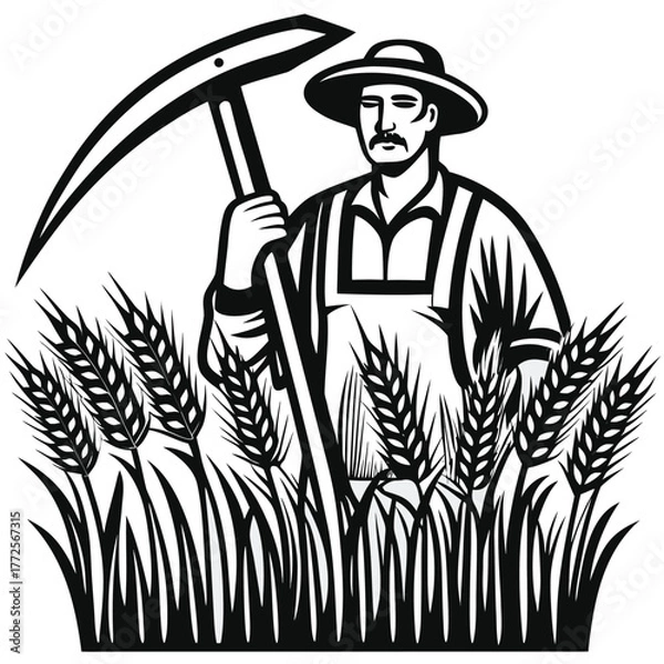 Fototapeta Moustached farmer in overalls stands in wheat field holding a scythe above